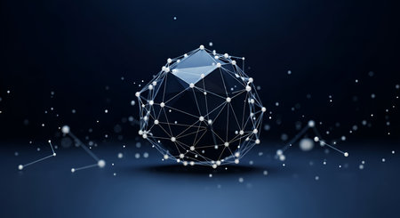 A complex, multi-faceted geometric shape resembling a distorted sphere or polyhedron floats in the center of the frame. It is composed of interconnected white nodes and thin blue lines, forming a digital network structure. Smaller, scattered nodes and lines drift around the central object against a dark blue background.の写真素材