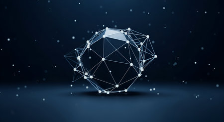 An abstract 3D illustration features a complex geometric sphere constructed from a white wireframe,...