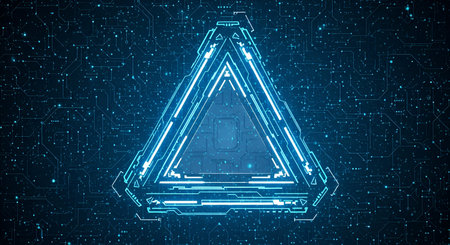 A prominent, glowing blue triangular shape with intricate internal circuitry dominates the center of...