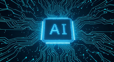 A close-up view of a central AI processor chip, glowing blue and displaying the letters AI. The chip...