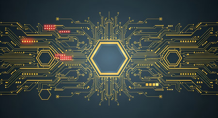 An abstract, stylized representation of a yellow and gold circuit board against a dark grey...