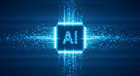 A central square chip with the letters "AI" illuminated in bright blue is surrounded by a vibrant blue energy field. Streams of light and countless small particles emanate outwards from the chip, creating a sense of digital data flow and advanced technology against a dark blue, horizontally striped background.の写真素材
