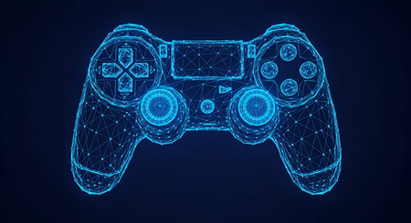 A blue wireframe representation of a video game controller is depicted against a dark, deep blue...