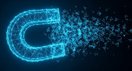 A blue wireframe horseshoe magnet is depicted against a dark background. The right side of the magnet is dissolving into a cloud of small blue particles and geometric shapes, suggesting a breakdown or dispersal of energy or data. The overall aesthetic is futuristic and technological.の写真素材