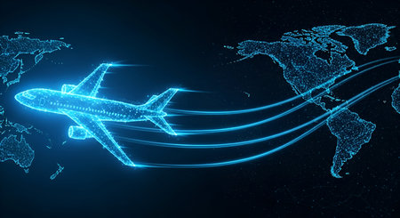 A stylized blue wireframe airplane is shown in mid-flight, leaving glowing blue trails behind it....