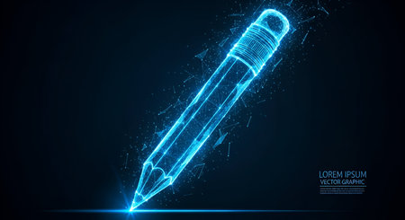 A stylized pencil is depicted as a luminous blue wireframe, with its tip emitting a bright glow and surrounded by scattered particles. The pencil's form is constructed from interconnected lines and nodes, suggesting a digital or futuristic representation. The background is dark, emphasizing the glowing blue object.の写真素材