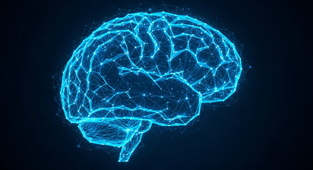 A detailed wireframe illustration of a human brain rendered in glowing neon blue. The brain is...