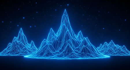A digital landscape of blue wireframe mountains stretches across the frame. The geometric peaks and...
