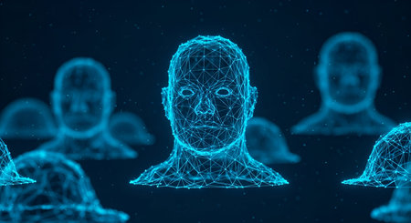 Multiple blue wireframe human heads are arranged in a shallow depth of field, with one head in sharp focus in the foreground. The heads are rendered as geometric, interconnected networks of lines and nodes, with subtle glowing effects. The background is dark and speckled with small, glowing particles, suggesting a digital or networked environment.の写真素材