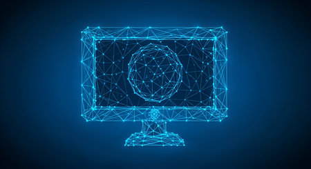 A blue wireframe illustration of a computer monitor is shown against a dark blue background. The screen of the monitor displays a glowing, wireframe sphere composed of interconnected lines and dots. The overall image conveys a sense of digital technology, data visualization, or virtual reality.の写真素材