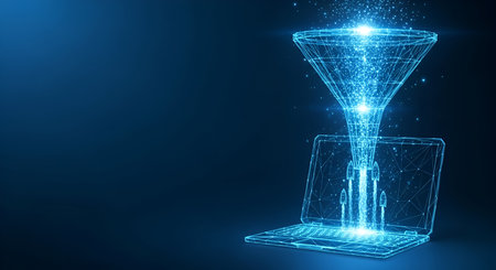 A glowing blue digital funnel is depicted pouring a stream of particles and light into an open laptop. The funnel appears to be drawing data from a swirling vortex above. The background is a dark blue gradient, emphasizing the luminous digital elements.の写真素材