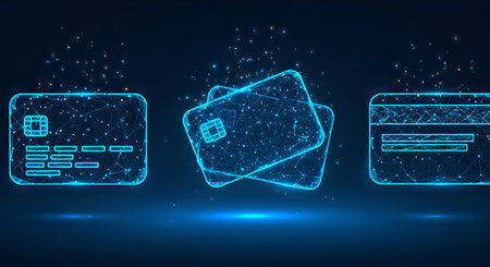 Three stylized credit cards are depicted in a digital, wireframe style with glowing blue lines and nodes, suggesting a network connection. The cards are arranged with one on the left, a stack in the center, and one on the right, all against a dark blue background with scattered light particles.の写真素材