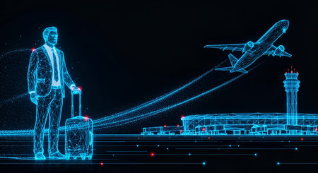 A digital, wireframe representation of a businessman in a suit stands with a suitcase, looking towards an airport scene. The airport features a terminal building, a control tower, and a departing airplane, all rendered in glowing blue lines and nodes against a dark background with scattered red and blue lights.の写真素材
