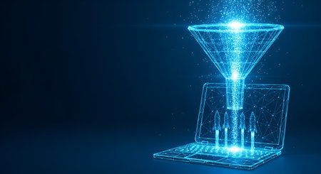 A wireframe funnel made of glowing blue digital lines is positioned above an open laptop. Particles of light are flowing from the funnel into the laptop, with small rocket boosters emerging from the laptop's keyboard, symbolizing rapid data processing and transfer. The background is dark blue.の写真素材