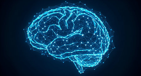 A detailed blue wireframe model of a human brain is displayed against a dark background. The brain...