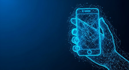 A wireframe illustration of a digital hand holding a smartphone. The hand and the phone are composed...