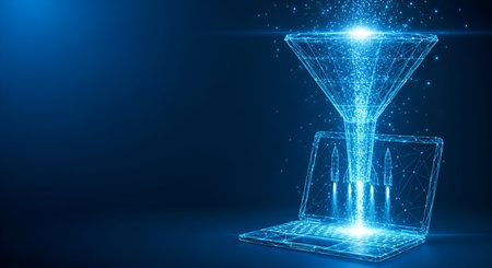 A blue digital wireframe illustration depicts a large funnel pouring a stream of glowing particles into an open laptop. The laptop screen shows two rocket ships launching. The entire composition is set against a dark blue background with subtle light effects.の写真素材