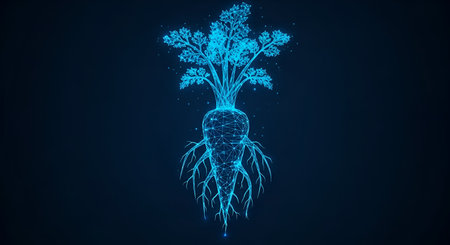 A blue digital wireframe illustration of a carrot plant with visible roots and leafy greens. The...