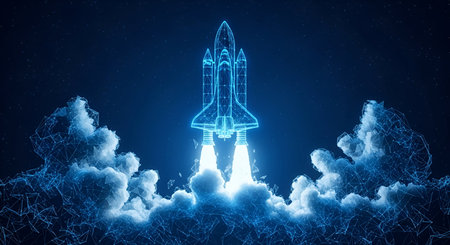 A futuristic digital rendering of a space shuttle launching into the cosmos. The shuttle and the...