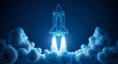 A digital wireframe model of a space shuttle is depicted launching upwards, emitting bright white...