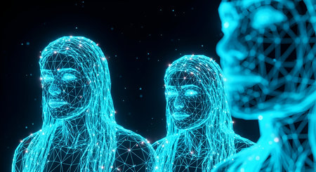 Three blue digital wireframe human heads are depicted in close formation, with the head on the right partially out of focus. The heads are constructed from interconnected lines and dots, with glowing points of light. The background is dark with scattered small lights.の写真素材