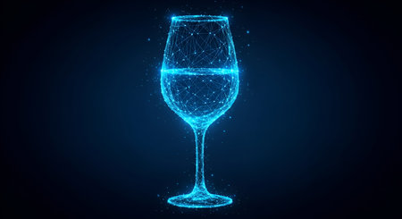 A digital wireframe representation of a wine glass is shown, filled with a glowing blue liquid. The glass is constructed from interconnected lines and nodes, creating a futuristic and abstract aesthetic. It stands against a dark blue background, highlighting its luminous form.の写真素材