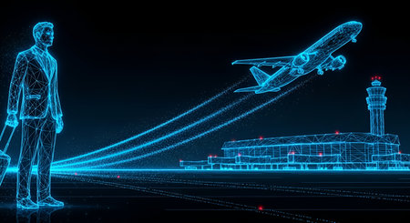 A wireframe illustration depicts a man with a suitcase standing on a runway at an airport. In the...