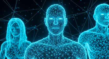 Three glowing blue wireframe human figures are depicted against a dark background. The central figure is in sharp focus, with intricate geometric lines and nodes forming its body. The figures on either side are slightly blurred, suggesting depth and a network of connections. Small glowing dots and lines create a sense of a digital network surrounding them.の写真素材
