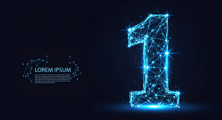 A luminous blue wireframe representation of the number one stands prominently against a dark background. Scattered blue particles and faint network lines surround the numeral, with a placeholder text box to the left.の写真素材