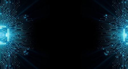 An abstract digital background featuring a symmetrical pattern of glowing blue circuit board traces...