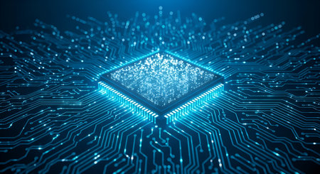 A close-up view of a glowing blue microchip processor on a circuit board. The intricate pathways and...