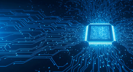 A close-up view of a glowing blue microchip at the center of a complex circuit board. Thin, luminous...