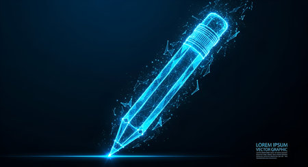 A glowing blue wireframe pencil is depicted against a dark, starry background. The pencil is...