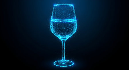 A wireframe, digital representation of a wine glass is shown against a dark background. The glass is outlined in glowing blue lines and nodes, and it is filled with a luminous blue liquid. The structure is intricate, suggesting a digital or technological interpretation of a common object. The overall aesthetic is clean and futuristic.の写真素材