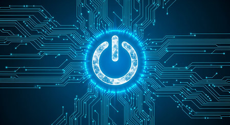 A glowing, polygonal power button symbol is centered on a dark blue background, surrounded by...