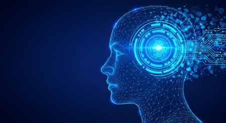 A wireframe, digital representation of a human head is shown in profile. The head is composed of...