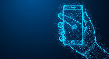 A blue wireframe illustration depicts a hand holding a smartphone. The hand and the phone are...