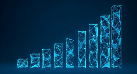 A series of eight blue, glowing, wireframe cubes are arranged in an ascending bar graph formation...
