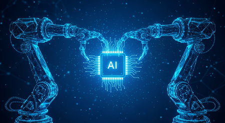 Two futuristic robotic arms, constructed from glowing blue wireframe structures, are positioned...