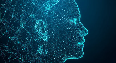 A close-up profile view of a human head rendered as a glowing blue wireframe. The intricate network...