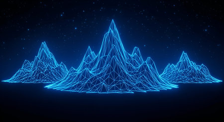 A digital landscape featuring a mountain range rendered in glowing neon blue wireframe. The...