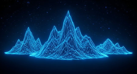 A digital landscape featuring a series of neon blue wireframe mountains against a dark, starry night...