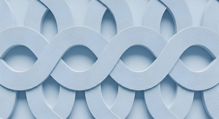 A seamless, repeating pattern of interlocking loops in a soft, light blue color. The design has a smooth, three-dimensional appearance, with subtle ribbed textures on the surface of the loops. The interlocking nature of the shapes creates a sense of depth and complexity, suitable for backgrounds or decorative elements.の写真素材
