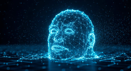 A wireframe representation of a human head, constructed from interconnected blue lines and dots,...