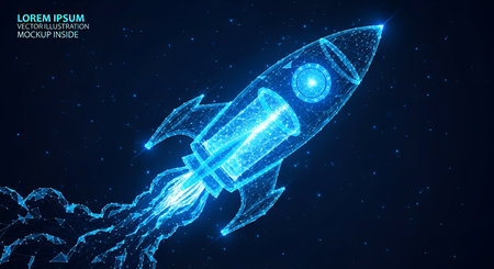 A vibrant blue wireframe rocket ascends into a dark, star-filled expanse, emitting a trail of digital smoke and energy. The rocket's structure is composed of interconnected lines and nodes, giving it a futuristic and technological appearance. The image conveys a sense of rapid movement and cosmic exploration.の写真素材