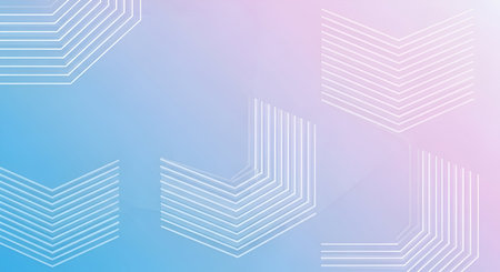 A soft pastel gradient background transitioning from light blue to pink, overlaid with minimalist geometric shapes. These shapes are formed by thin white lines, creating an effect of layered, angular forms. The overall impression is clean, modern, and airy, suitable for design or digital art.の写真素材