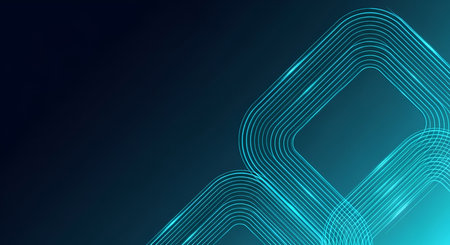 This abstract background features glowing neon blue geometric shapes with rounded corners, arranged in a dynamic pattern against a dark blue gradient. The lines are thin and precise, creating a sense of depth and movement. The overall aesthetic is modern and technological, suitable for digital or science-related themes.の写真素材