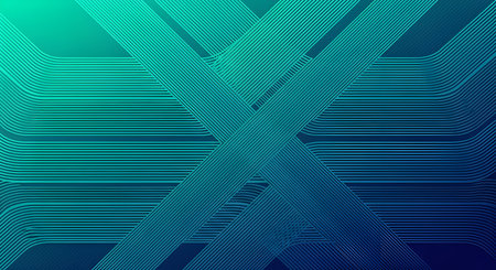 An abstract background featuring a gradient from teal to deep blue. Intersecting lines form an 'X' shape in the center, with parallel lines flowing horizontally and curving outwards on the sides. The lines are thin and precise, creating a sense of digital flow and connectivity.の写真素材