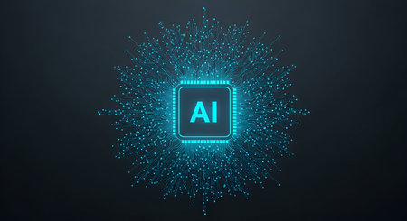 A central square chip labeled AI in bright blue, emitting a vibrant blue glow. Radiating outwards...