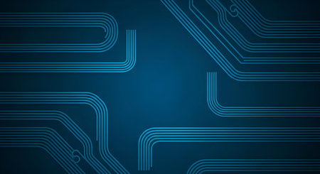 An abstract background featuring a dark blue gradient with intricate, glowing blue lines resembling a circuit board. The lines form a complex network of pathways and connections, creating a sense of depth and technological advancement. The design is clean and modern, suitable for digital or technology-related themes.の写真素材
